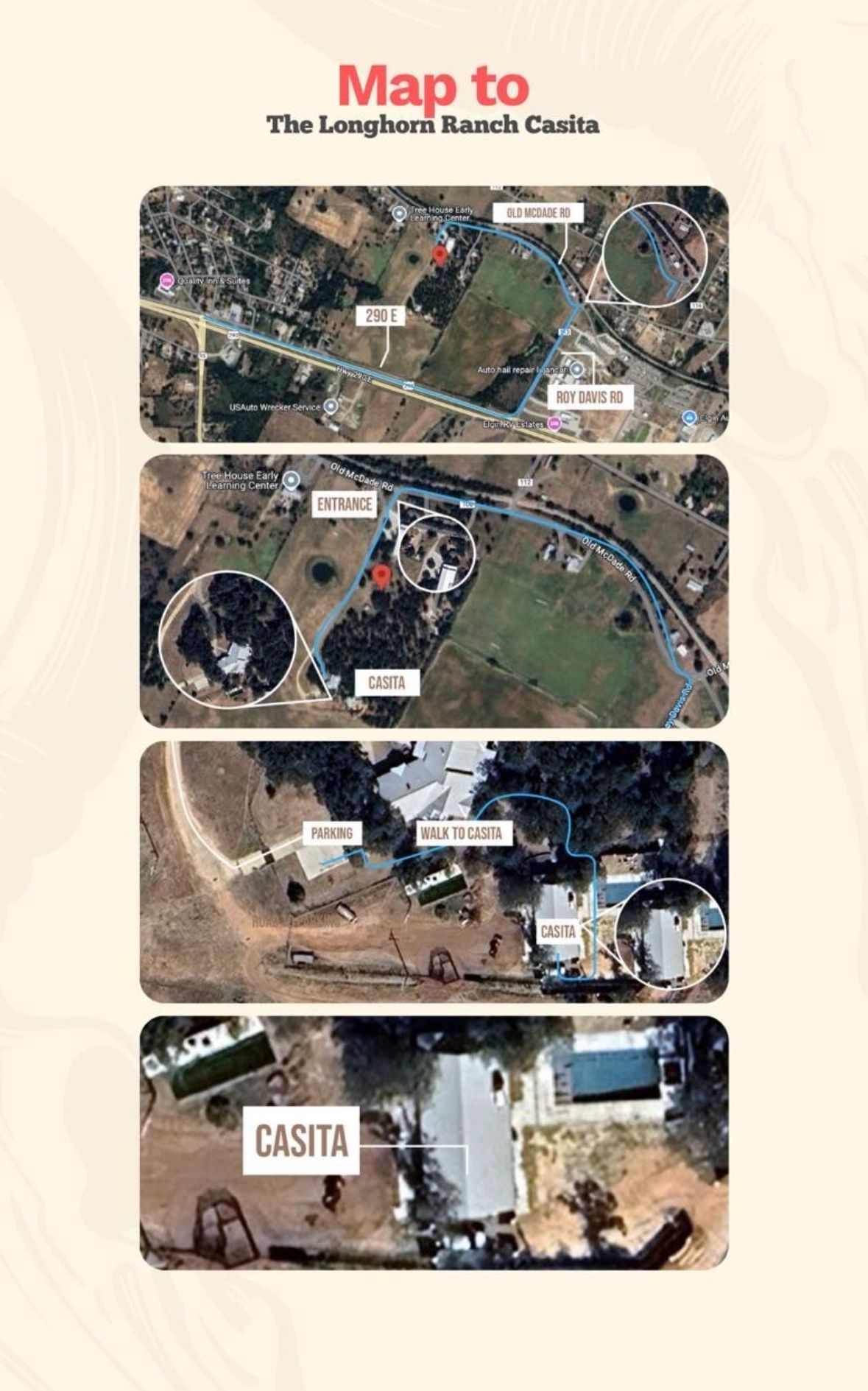 Map showing directions to the ranch from Old McDade Road