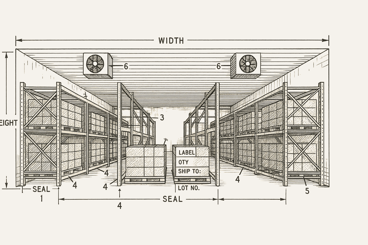 Warehouse with labeled storage sections